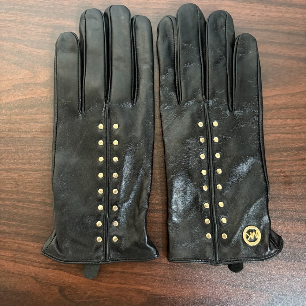 MICHAEL Michael Kors Women's Leather Astor Studded Gloves Black Glam-Rock Chic L